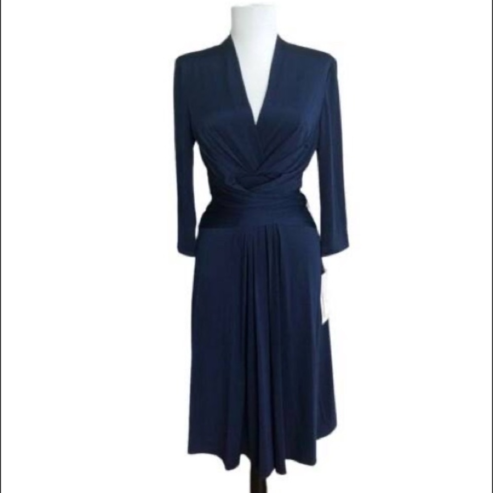 Eliza J Missy Size 6 Faux Wrap Drapped Midi Dress Navy